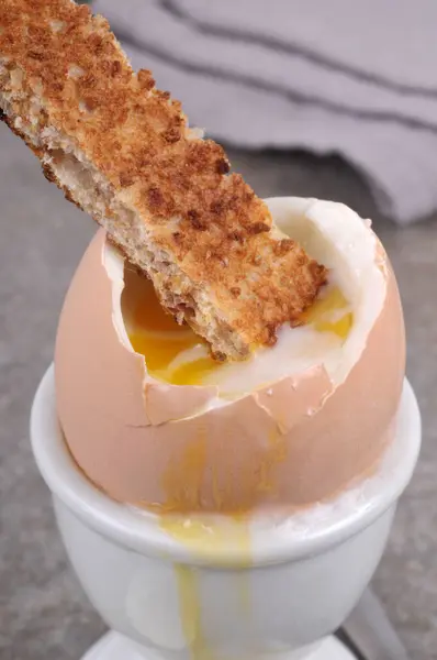 Soft Boiled Egg Its Egg Cup Piece Toasted Bread — Stock Photo, Image