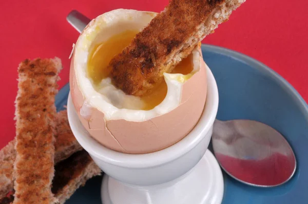 Soft Boiled Egg Its Egg Cup Piece Toasted Bread Red — Stock Photo, Image