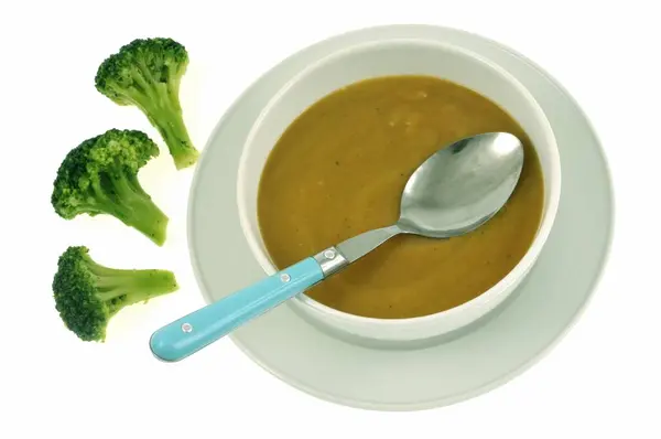 Bowl Homemade Broccoli Soup Viewed Close White Background — Stock Photo, Image