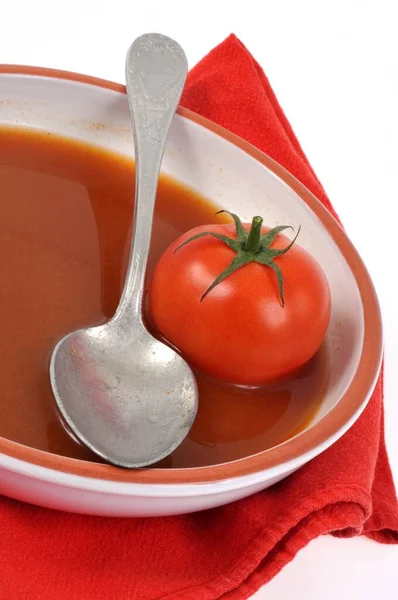 Teller Hausgemachte Tomatensuppe Mit Einem Löffel Nahaufnahme — Stockfoto