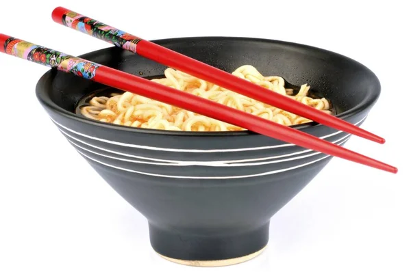Bowl Chinese Noodle Soup Chopsticks Close White Background — Stock Photo, Image