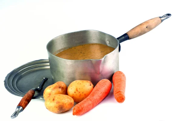 Запеканка Моркови Картофельного Супа Ингредиентами Крупным Планом Белом Фоне — стоковое фото