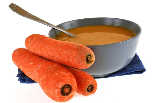 Bowl Carrot Soup Its Ingredients Close White Background — Stock Photo, Image