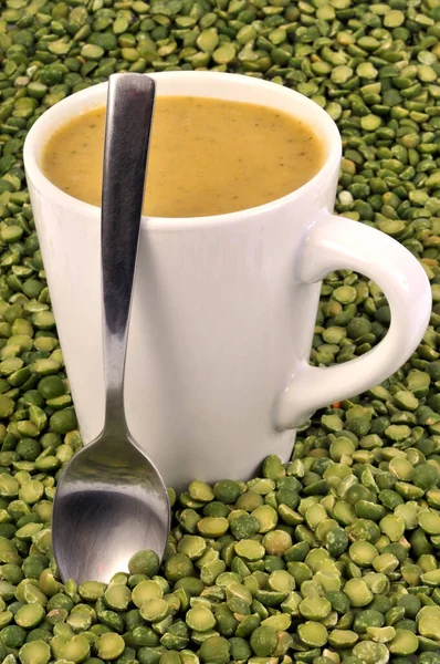 Cup Homemade Split Pea Soup Close Spoon — Stock Photo, Image