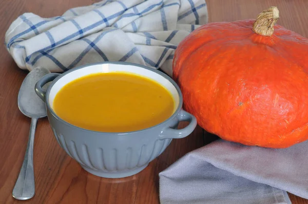 Homemade Pumpkin Soup Served Bowl Spoon Close — Stock Photo, Image