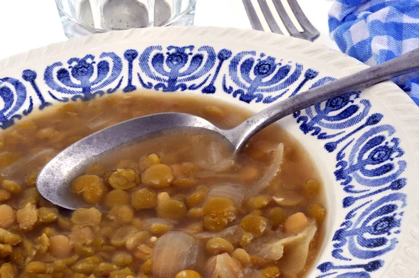 Plate of homemade split pea soup with a spoon close-up — Stock Image Plate Homemade Split Pea Soup Spoon Close Royalty Free Stock Photos