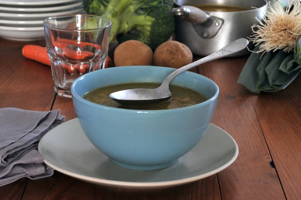 Schüssel Mit Hausgemachter Gemüsesuppe Aus Nächster Nähe — Stockfoto