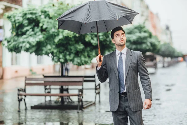 Attractive businessman going down street with open umbrella