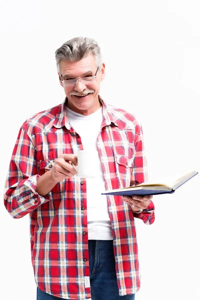 Uomo Barbuto Con Libro Isolato Sfondo Bianco — Foto Stock