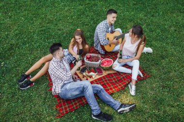 company of four young friends drinking beer and sitting at blanket carpet in park clipart