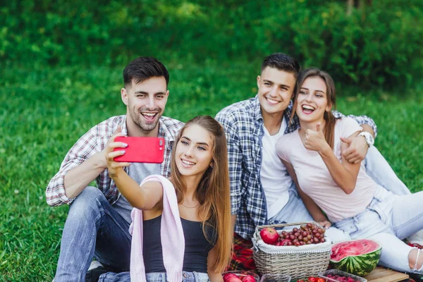 Felices Jóvenes Amigos Haciendo Picnic Parque Haciendo Selfie —  Fotos de Stock