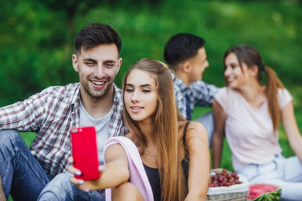 Twee Gelukkige Jonge Koppels Zittend Gras Het Maken Van Selfie — Stockfoto