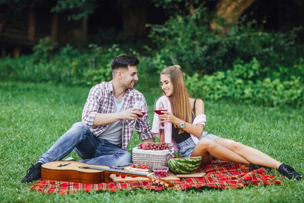Házaspár Élvezi Szabadtéri Pikniket Ülő Szőnyeg — Stock Fotó