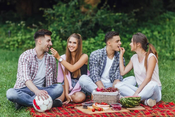 Boldog Barátok Szórakoztunk Piknik Étkezési Gyümölcsök Tekintettel Előtérben — Stock Fotó