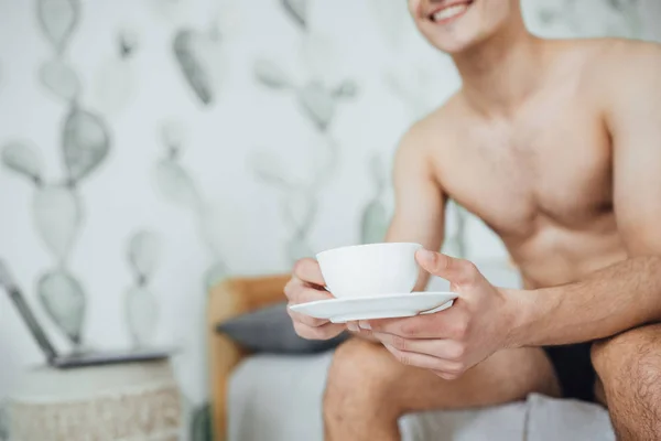 Young Handsome Man Sitting Bed Room Drinking Coffee Morning — Stock Photo, Image