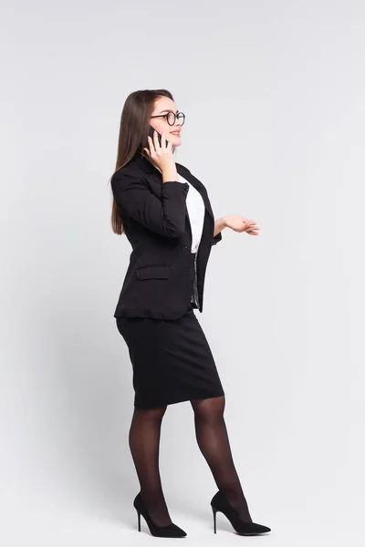 Gelukkige Vrouw Gekleed Blouse Rok Geïsoleerd Witte Achtergrond — Stockfoto