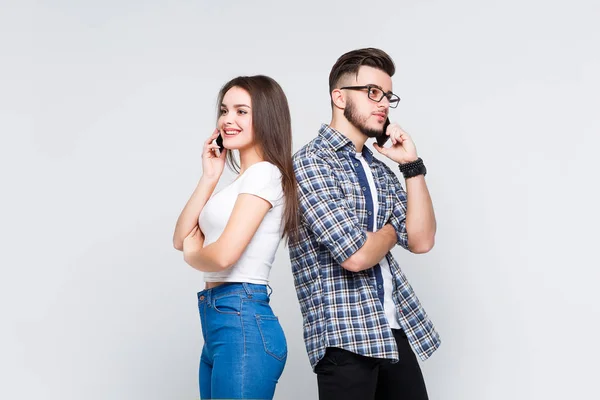 Mulher Surda Homem Bonito Camisas Jeans Volta Para Trás Isolado — Fotografia de Stock