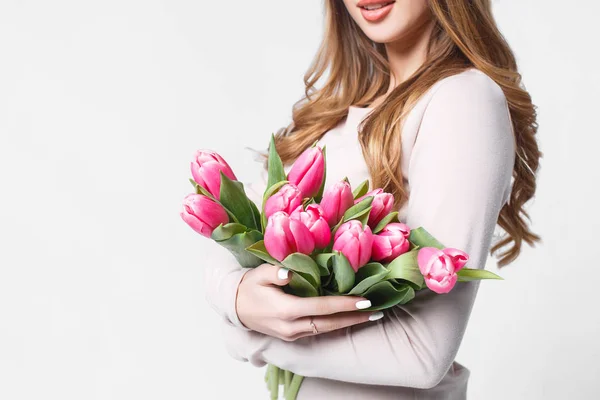 Young Woman Bouquet Pink Tulips Isolated White Background — Stock Photo, Image