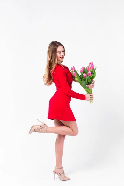 Gorgeous Woman Red Dress Bouquet Pink Tulips Isolated White Background — Stock Photo, Image