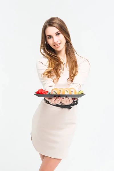 Woman Eating Sushi Isolated White Background — Stock Photo, Image