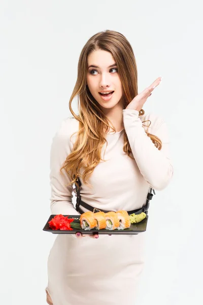 Mujer Comiendo Sushi Aislado Sobre Fondo Blanco —  Fotos de Stock