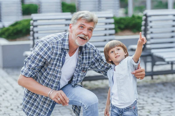 Abuelo Enseñando Nieto Parque Mostrando Algo Interesante — Foto de Stock