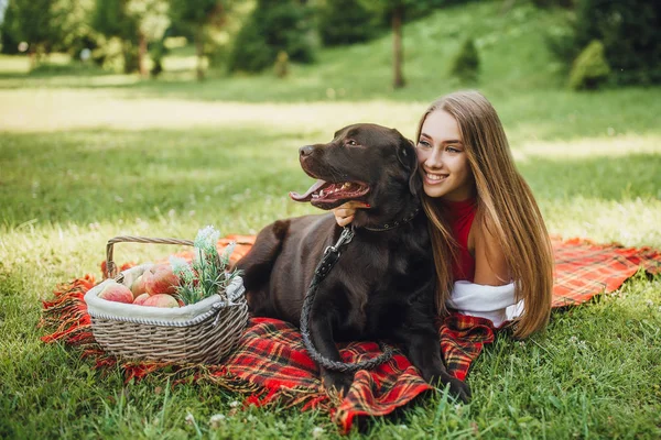 Blondine Und Hund Verbringen Zeit Park — Stockfoto