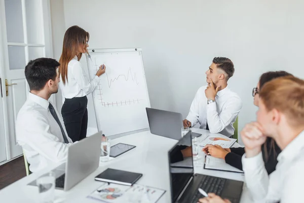 Jonge Moderne Zakenvrouw Presenteren Plan Aan Collega Moderne Conferentiezaal — Stockfoto