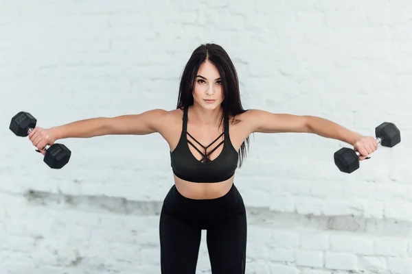 Young Attractive Woman Doing Exercises Home Dumbbells — Stock Photo, Image