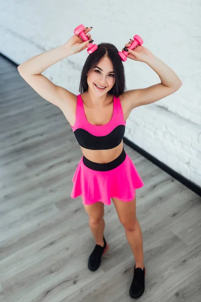 Happy Woman Doing Exercises Pink Dumbbells — Stock Photo, Image
