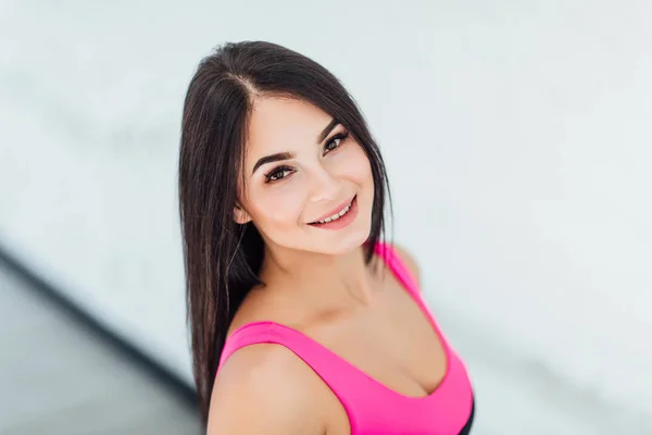 Attractive Young Trainer Yoga Looking Camera White Background — Stock Photo, Image