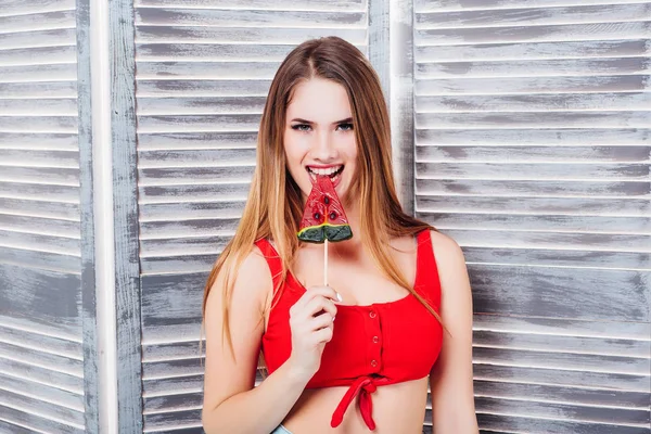 Pretty Young Woman Juicy Watermelon Lollipop Grey Background — Stock Photo, Image