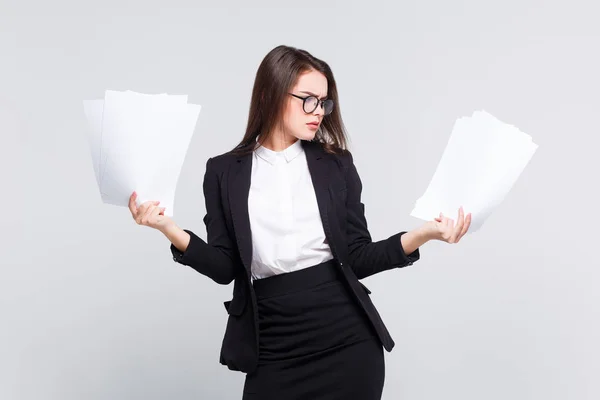 Young attractive woman with papers isolated on white background