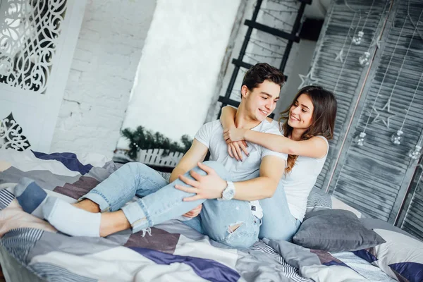 Happy Couple Relaxing Bed Morning Selective Focus — Stock Photo, Image