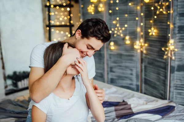 Young Man Hugging Closing Girlfriend Eyes Making Surprise — Stock Photo, Image