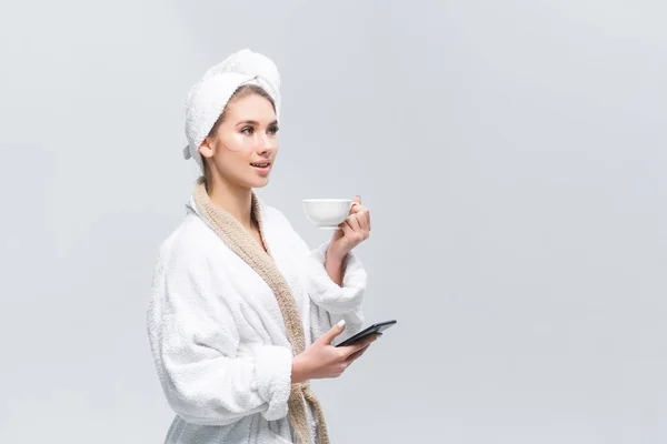 Woman Resting Home Robe Towel Head Using Smartphone White Cup — Stock Photo, Image