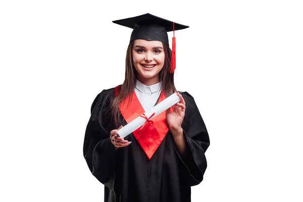 Mulher Pós Graduação Atraente Manto Isolado Fundo Branco — Fotografia de Stock