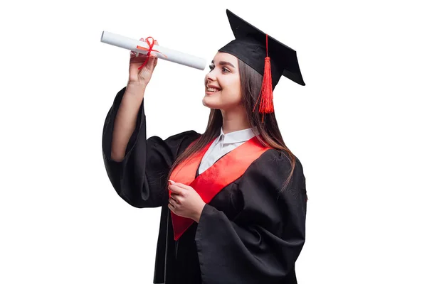 Mulher Pós Graduação Atraente Manto Isolado Fundo Branco — Fotografia de Stock
