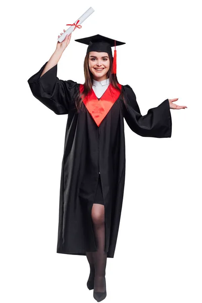 Atractiva Mujer Graduada Manto Aislado Sobre Fondo Blanco —  Fotos de Stock