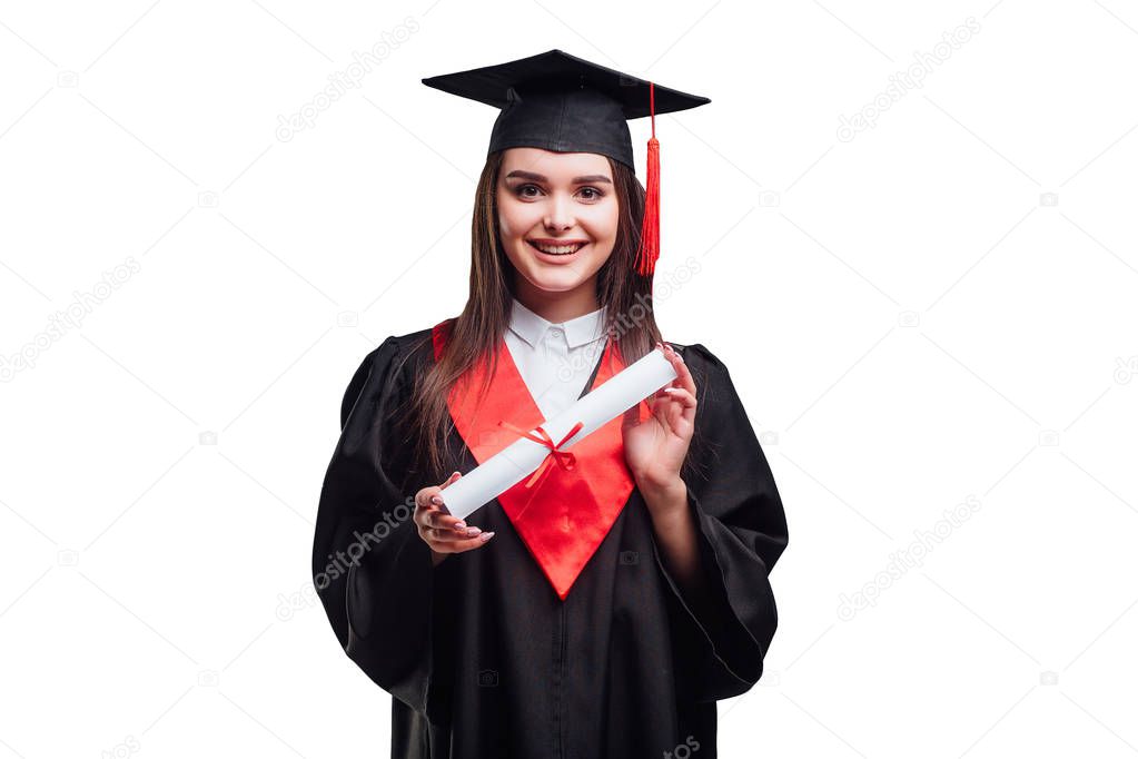 Attractive graduate woman in mantle isolated on white background