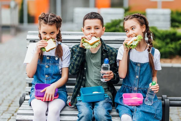 Carino Ragazzo Ragazze Mangiare All Aperto Messa Fuoco Selettiva — Foto Stock