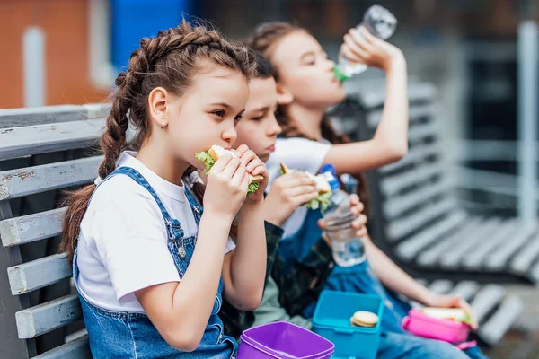 Kinder Essen Freien Schule Aus Lunchboxen — Stockfoto