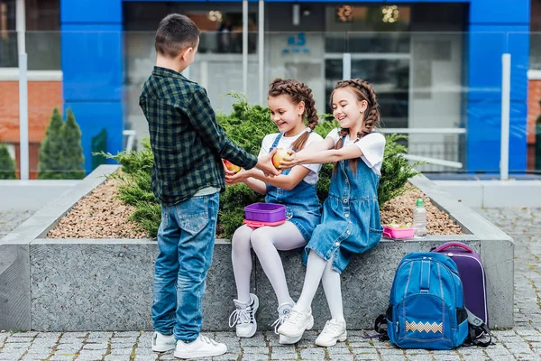 Menino Pequeno Segurando Duas Maçãs Nas Mãos Para Meninas Escola — Fotografia de Stock