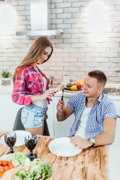 Young Positive Couple Preparing Food Together Focus Foreground — 스톡 사진