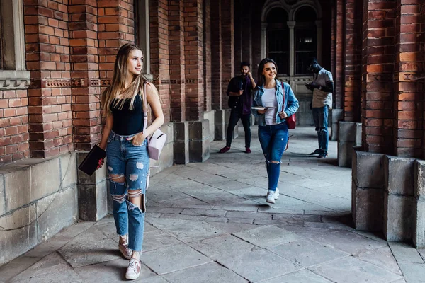 Молодая Женщина Трое Студентов Учатся Улице Университетском Городке Держат Книги — стоковое фото