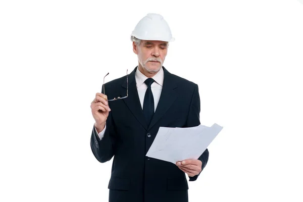 Homme Affaires Âgé Ingénieur Civil Porter Casque Sécurité Blanc Avec — Photo