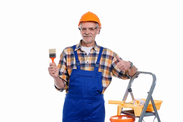 Construtor Profissional Homem Sênior Macacão Capacete Pronto Para Pintar Parede — Fotografia de Stock