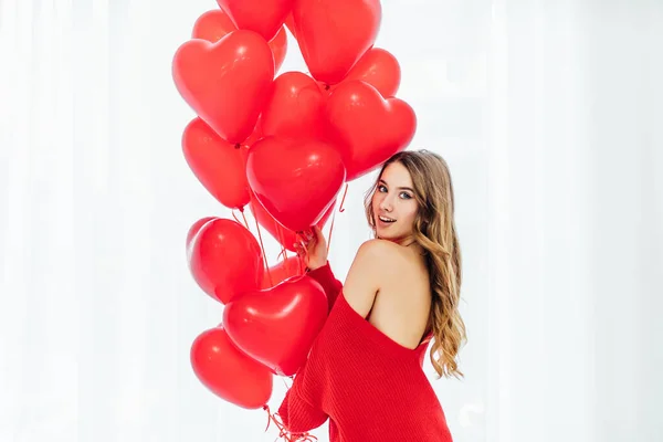 Beautiful Woman Heart Shaped Balloons Standing Ath Window Looking Camera — Stock Photo, Image