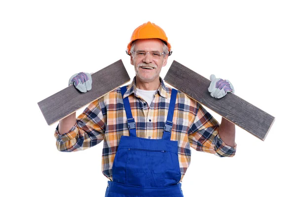 Retrato Velho Arquiteto Homem Com Lamonate Madeira Pronto Para Trabalhar — Fotografia de Stock