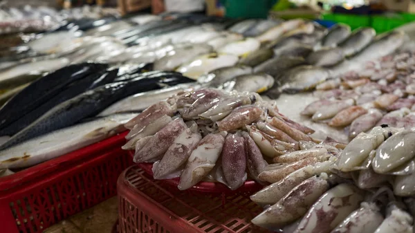 Farklı balıklar, istiridye, yengeç, köpekbalıkları ve diğerleri ile Vietnam seafoodmarket deniz yaratıkları. Vietnam'da egzotik yiyecek satın almak isteyen turistler için harika bir yer. Asya okyanus hediyeler.